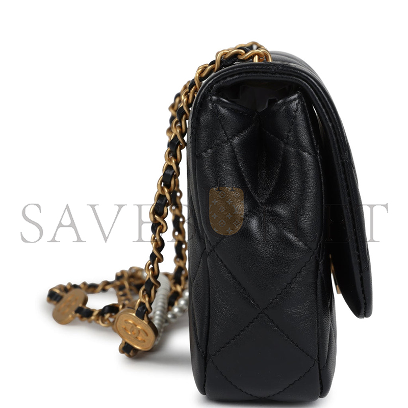 Ch*el master mini pearly chain flap bag black lambskin brushed gold hardware (20*15*5cm)